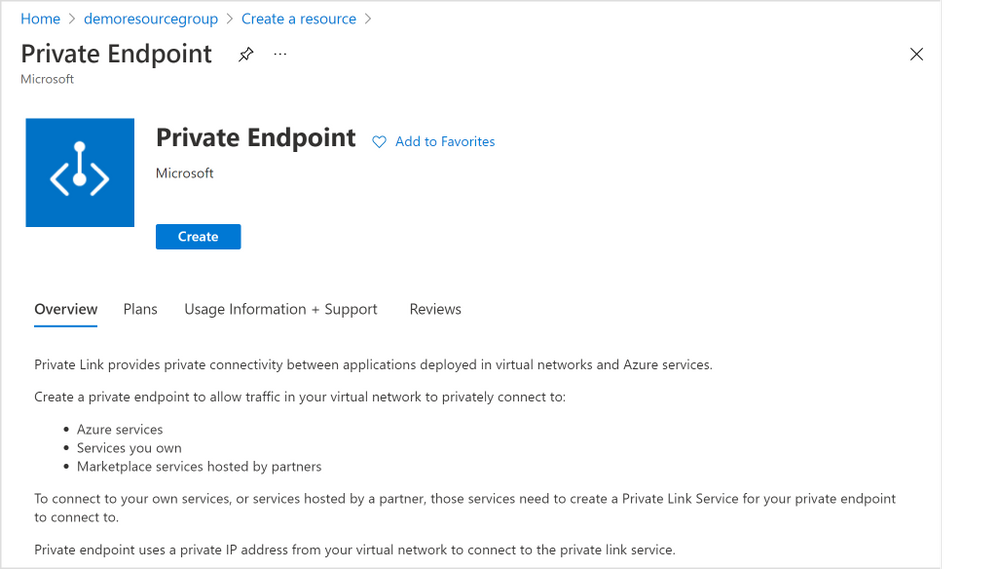 Figure 8: Screen capture from the Azure portal showing the “Create” page for “Create a resource” of Private Endpoint