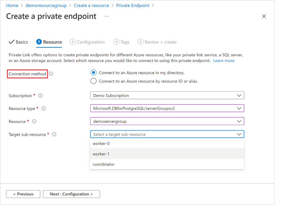 Figure 9: Screen capture from the Azure portal showing the “Resource” tab for the “Create a private endpoint” flow when you are using Private Endpoint resource creation