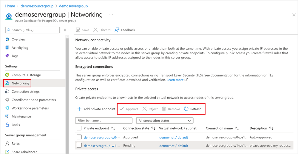Figure 10: Screen capture from the Azure portal showing management options for a Private Endpoint Connection in the Networking blade for Hyperscale (Citus) in the Azure Database for PostgreSQL managed service