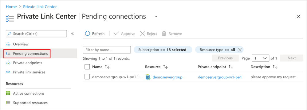 Figure 11: Screen capture from the Azure portal showing all “Pending connections” in the “Private Link Center”
