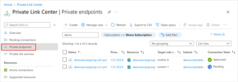 Figure 12: Screen capture from the Azure portal showing all “Private endpoints” in the “Private Link Center”