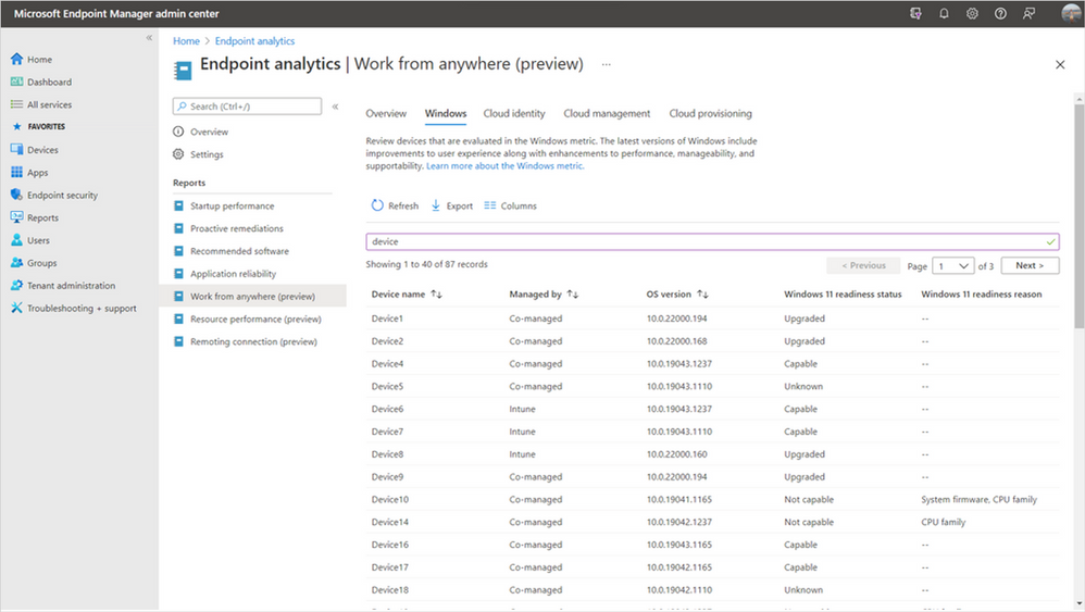 Device-level Windows 11 readiness details in Endpoint analytics