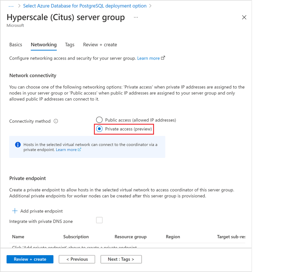 Figure 2: Screen capture from the Azure portal showing the option to create a Hyperscale (Citus) server group with private access connectivity