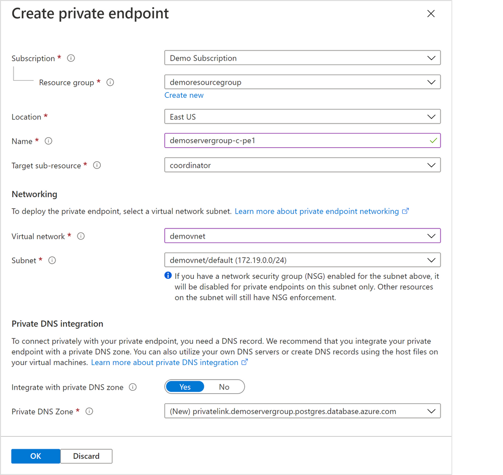 Figure 3: Screen capture from the Azure portal showing the “Create private endpoint” screen when “Private access” is selected as the connectivity method