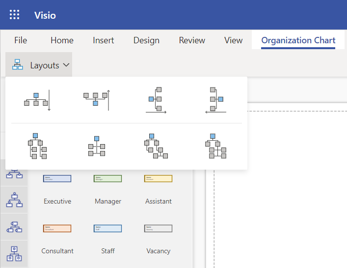 Eight org chart layout options available from the Organization Chart tab in Visio for the web