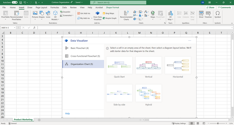 Blank Excel spreadsheet showing the five org chart layout options available from the Visio Data Visualizer add-in