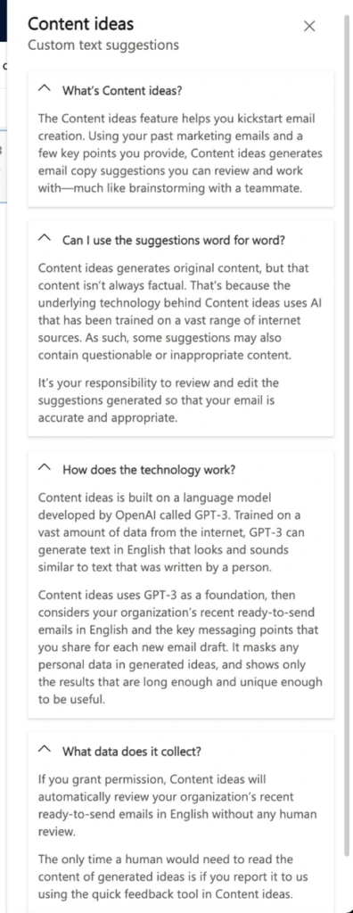 The “Learn more” panel helps to answer commonly asked content idea questions like, “Can I use the suggestions word for word?” or “How does the technology work?”