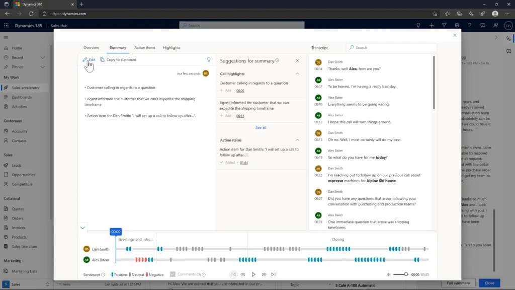 Dynamics 365 Sales conversation intelligence call summary screen showing call sentiment, suggested call highlights and action items, and the call transcript
