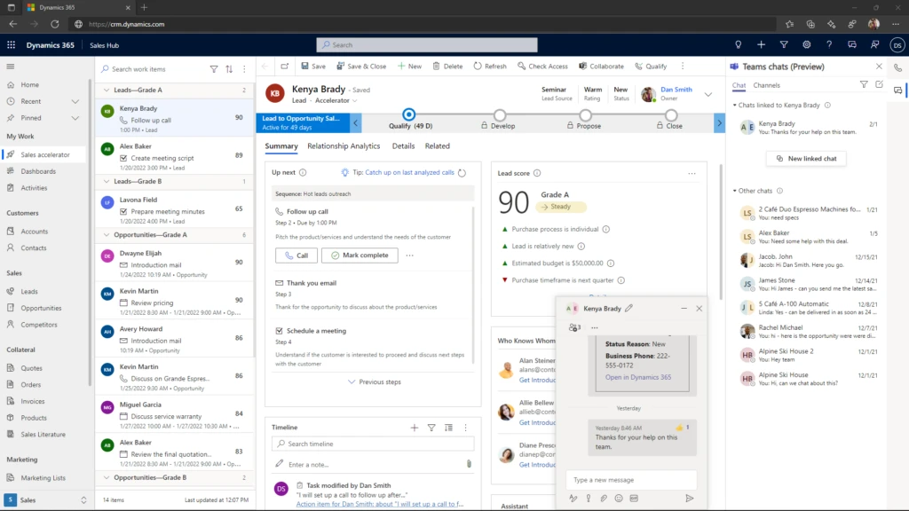 Microsoft Teams chat embedded within Dynamics 365 Sales 