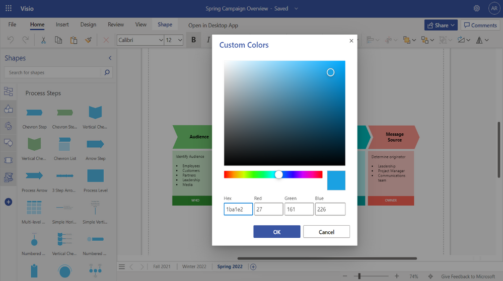 Example of the Custom Colors panel, including Hex and RGB values