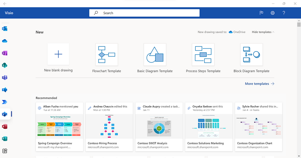 Example of the modern landing page in Visio in the Office desktop app - Showing template options and a Recommended section