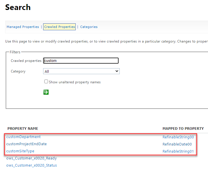 The mappings can be viewed from the tenant-level crawled property page.