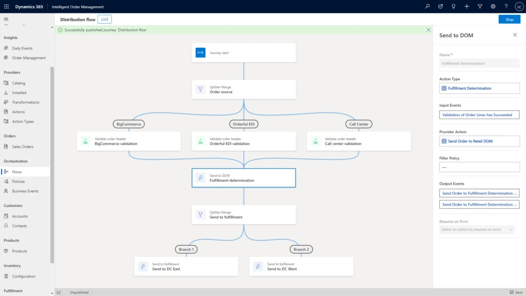 Dynamics 365 Intelligent Order Management Rules based order orchestration flow policy designer.