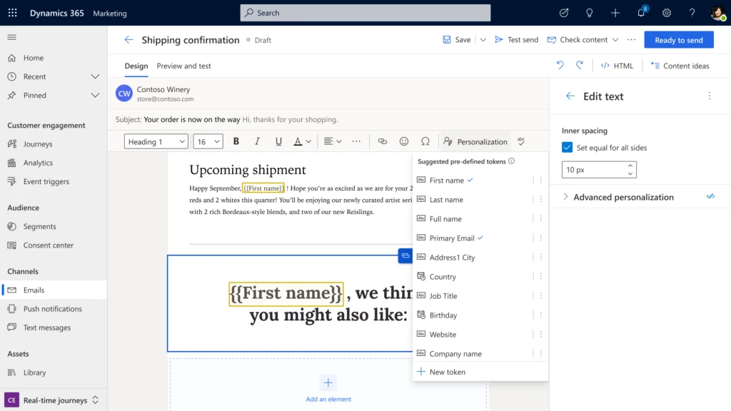 Dynamics 365 Marketing screen showing easy email personalization with dynamic text options