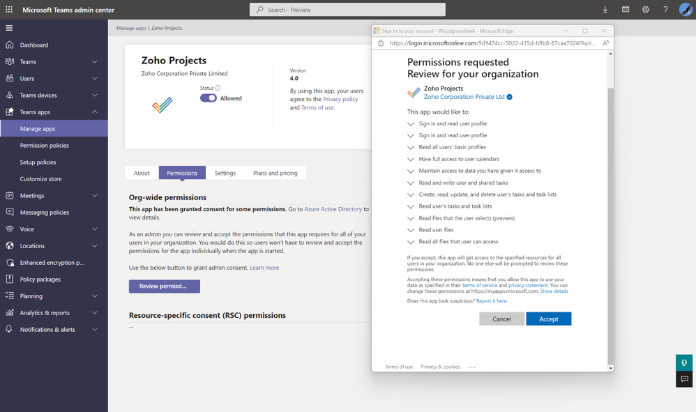Displays the Teams admin center with the permissions pop-up for Zoho projects app.