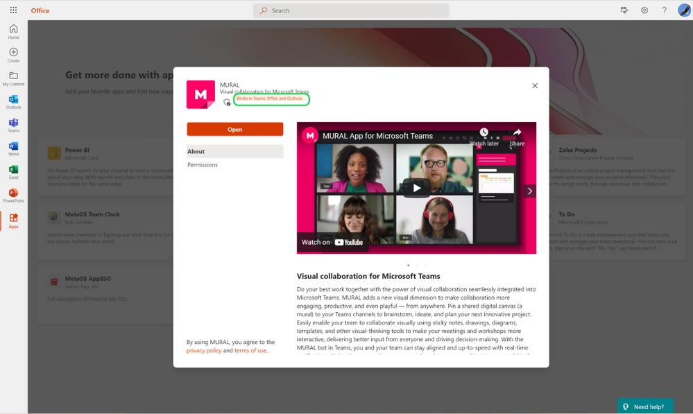 Displays the Mural app in the Microsoft Office.com experience.