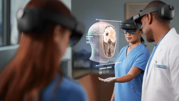 Three doctors using Microsoft HoloLens 2 to analyze the human brain. Contains hologram scenario.