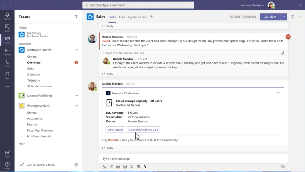 Dynamics 365 record in the context of Teams chat and channel.