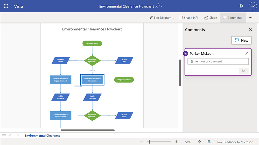 Example of a new comment being created in Visio Viewer.