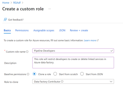 Custom role to restrict Azure Data Factory pipeline developers to create/delete linked services