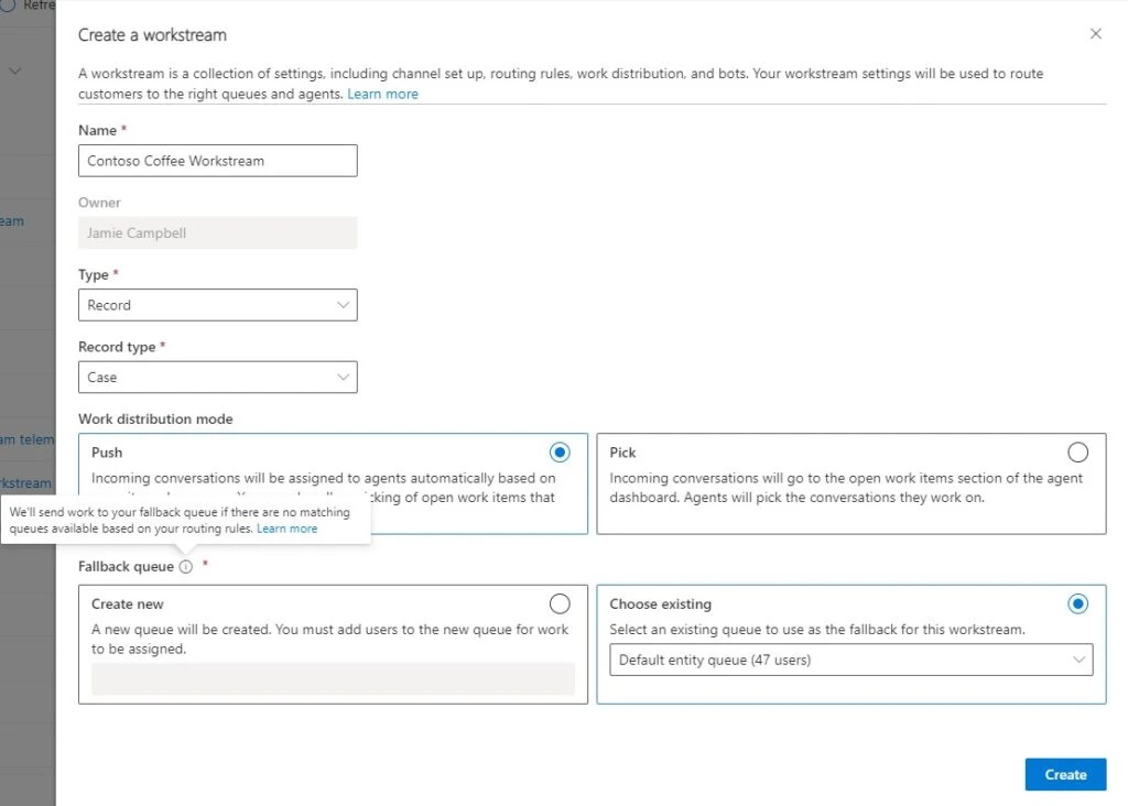 Screenshot of fallback queue options when creating a workstream in Customer Service.