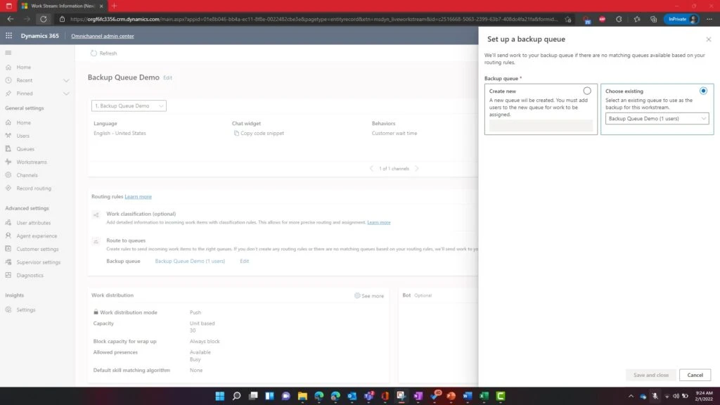 Screenshot of fallback queue options when creating routing rules in the Omnichannel admin center.