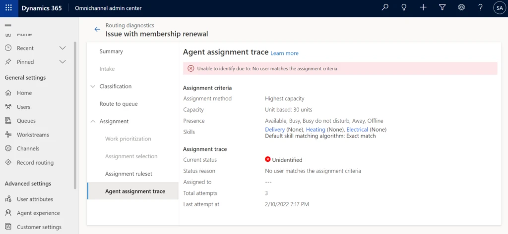 Screenshot of a routing diagnostics page with assignment trace shown.