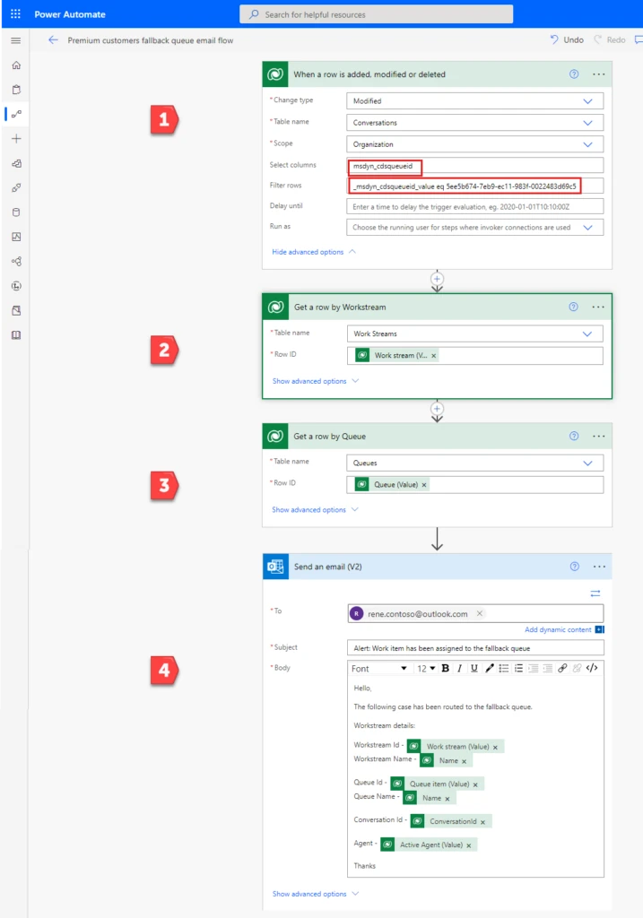 Screenshot of the completed flow, with Steps 1 through 4 highlighted.