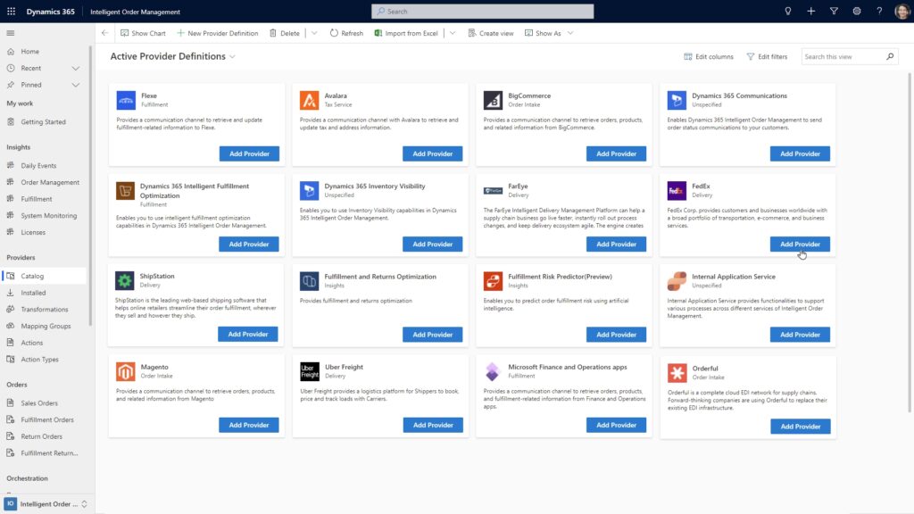 Partial view of the pre-built connectors catalog in Microsoft Dynamics 365 Intelligent Order Management.