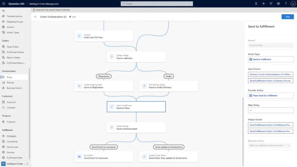 Embedded orchestration policy designer to configure order flows in Microsoft Dynamics 365 Intelligent Order Management.