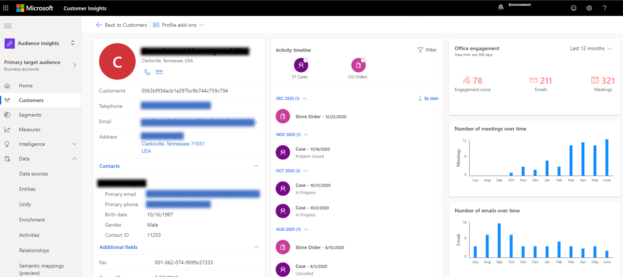 Screenshot of the Dynamics 365 Customer Insights customer engagement card.