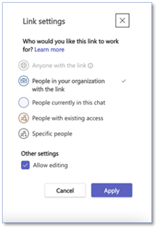 An image providing an example of available permission settings for Loop components in Microsoft Teams.