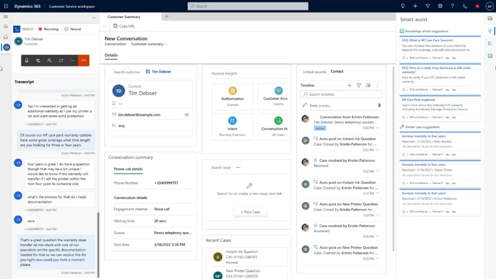 Dynamics 365 agent dashboard showing customer sentiment and suggested actions for the agent to use in conversation with a customer.