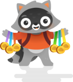 A cartoon raccoon holding medals