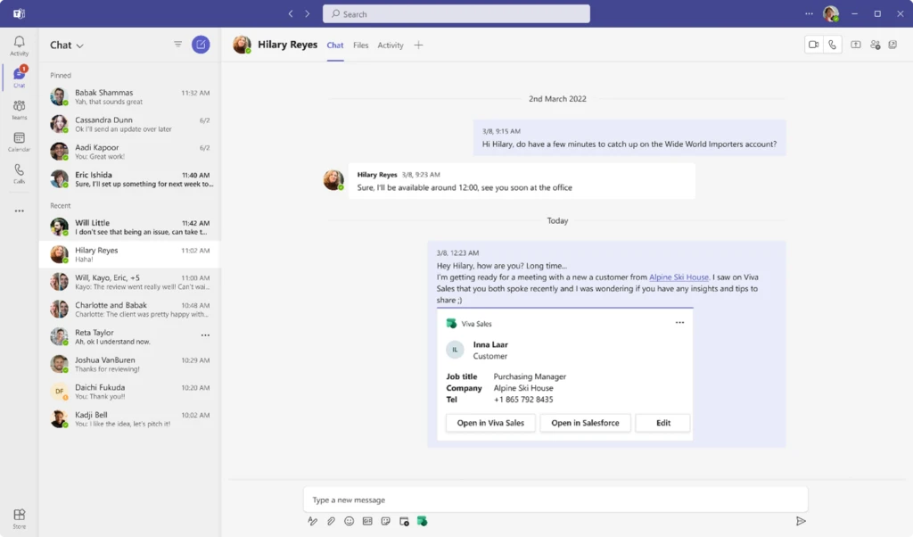 A screenshot demonstrating a Microsoft Teams user sharing data in a chat using Viva Sales.