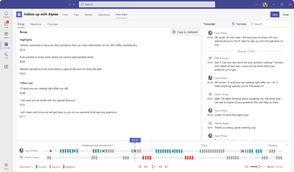 A screenshot of Viva Sales in Microsoft Teams, allowing a user to see a recap and transcript of a completed meeting. 