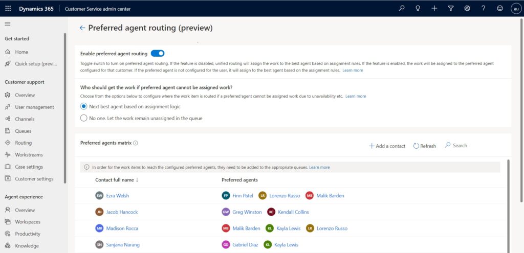 Screenshot of Preferred Agent Routing settings in Dynamics 365 Customer Service.
