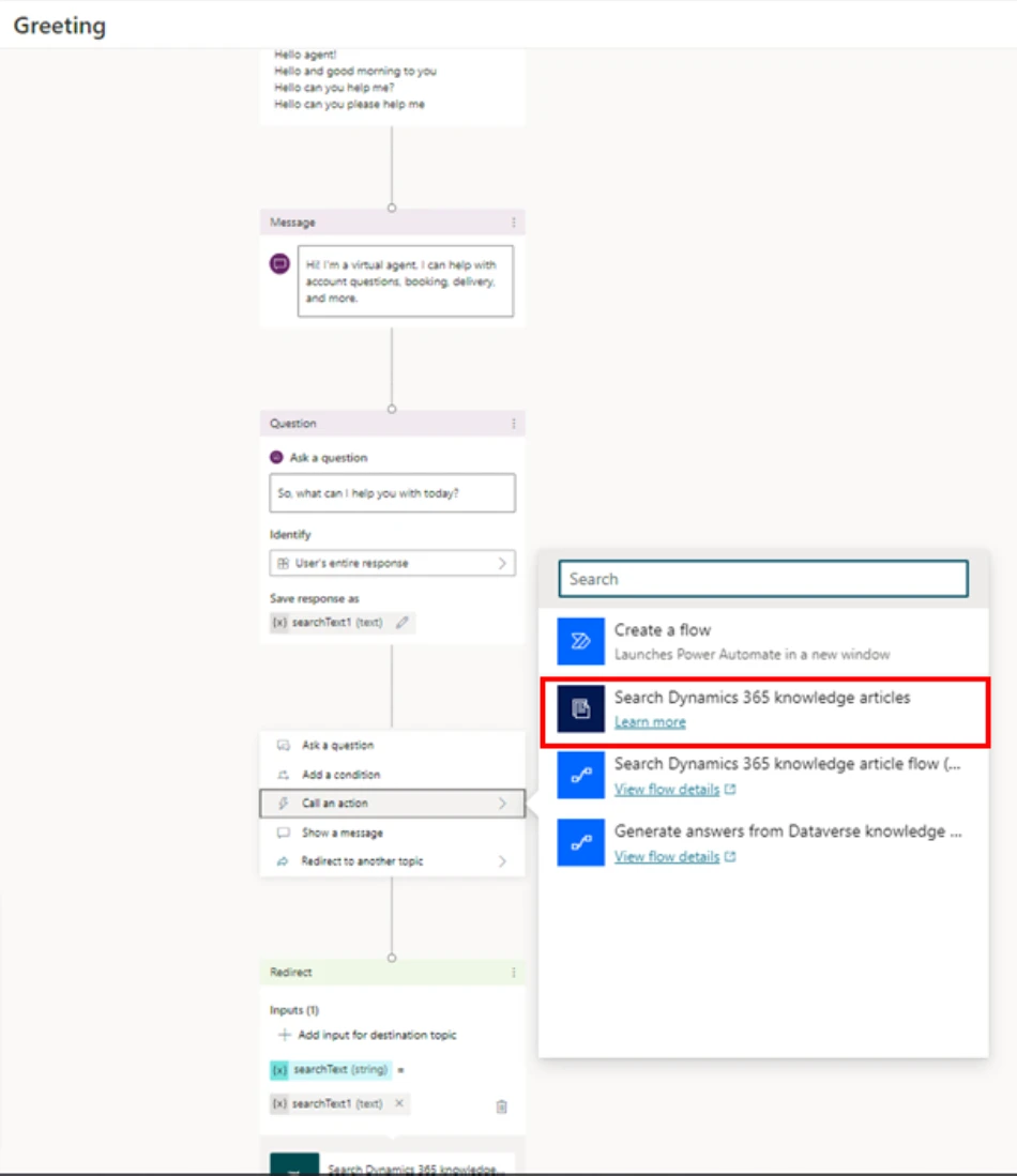 Screenshot of adding the Dynamics 365 knowledge base search flow to a bot topic.