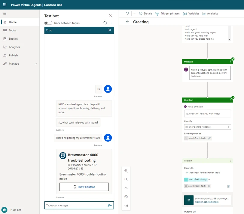 Screenshot of a test bot conversation and knowledge search flow.