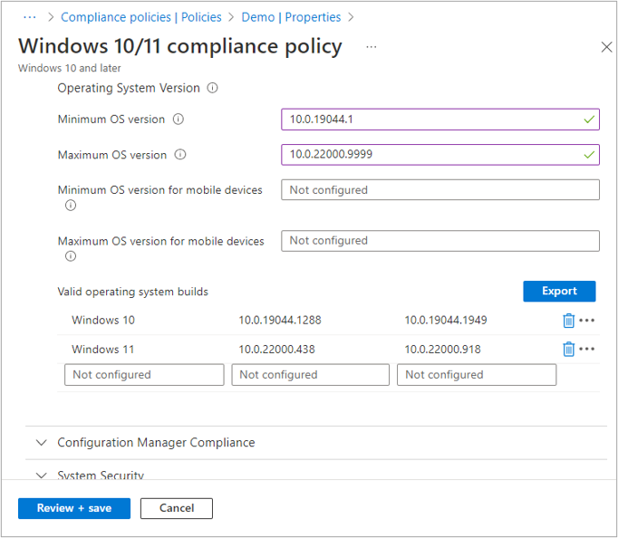 Screenshot of a new Windows 10/11 compliance policy with a few settings configured from this blog post.