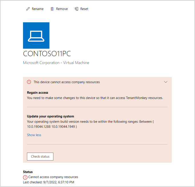 Screenshot of a managed Windows 11 PC and its current compliance settings under the Intune Company Portal.