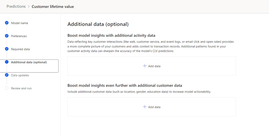 Screenshot of the Additional data (optional) step in the CLV configuration settings.