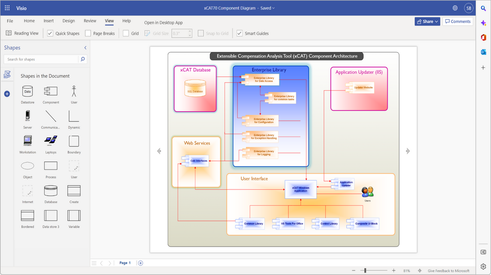 An image of a component architecture diagram demonstrating how shapes with gradients appear in Visio for the web.