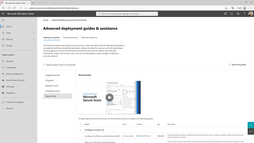 The Secure Score view on the advanced deployment guides & assistance page.