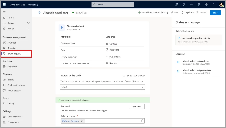 Screenshot of the custom trigger test page in Dynamics 365 Marketing customer journey orchestration.