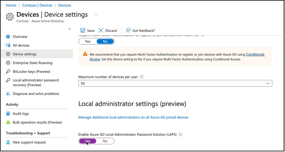 Snippet from Azure Active Directory Devices Node, Device Settings View