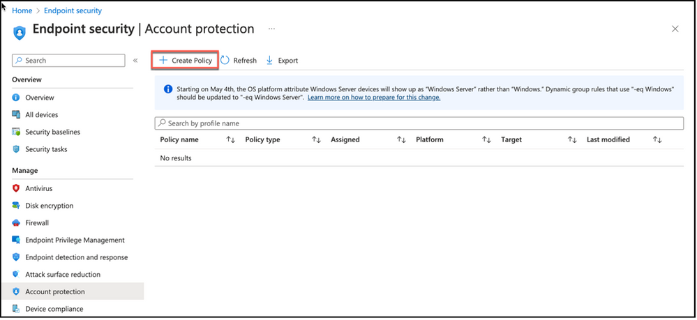 Snippet from Endpoint Security, Account Protection View
