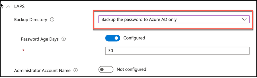 Snippet from Policy Creation, Backup Directory Setting - Azure AD