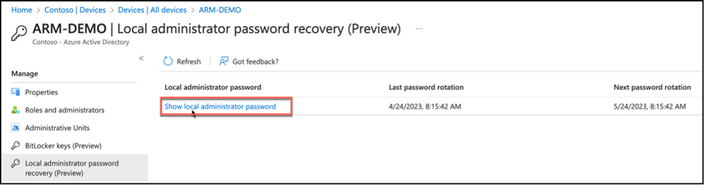 Snippet from Azure Active Directory, Device Properties, Local Administrator Password Recovery View