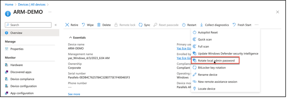 Snippet from Microsoft Intune Device Properties, Rotate Local Administrator Password Task